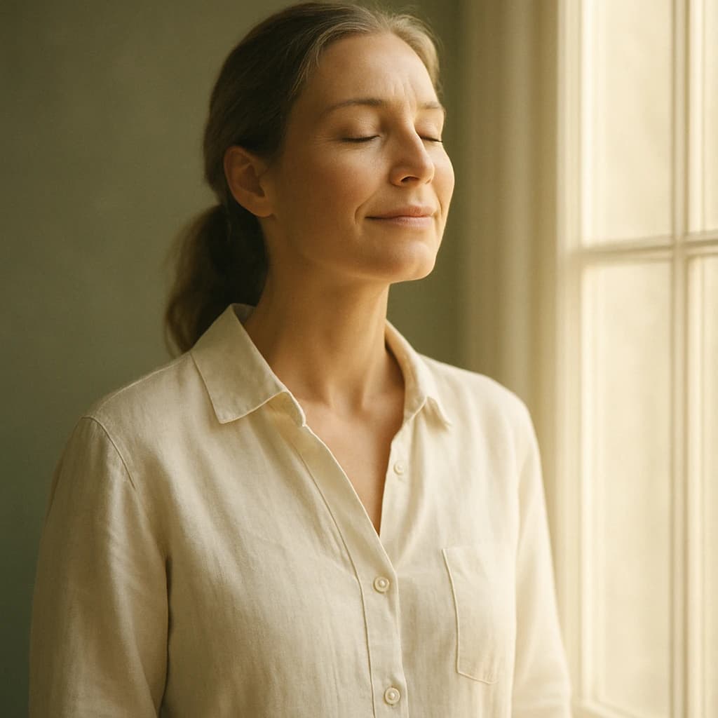 A woman standing in morning light at a tall window, eyes closed, in ivory linen
