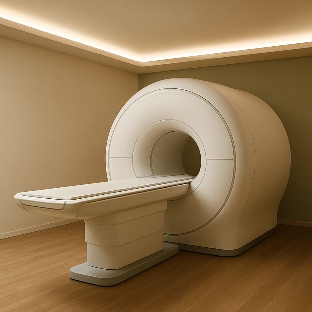 An MRI scanner in a warm, minimalist imaging suite lit by a concealed cove light