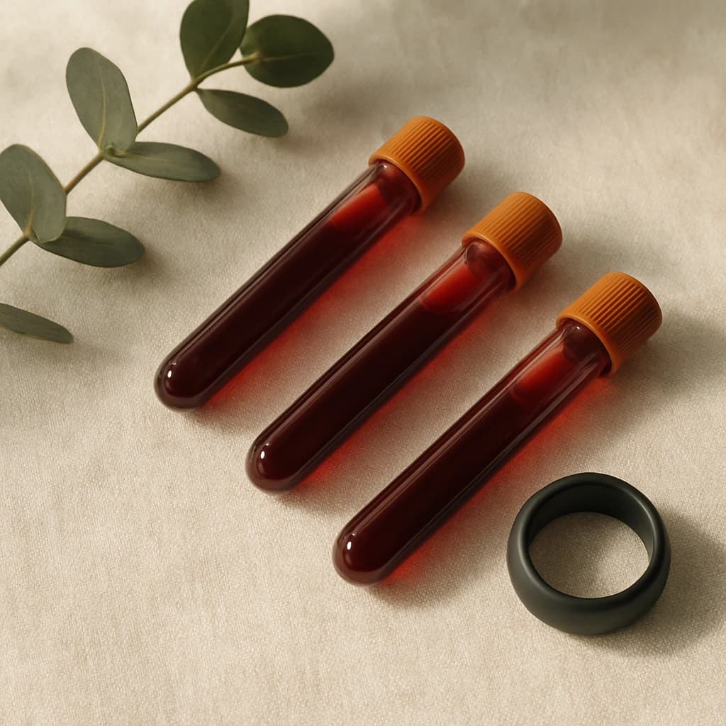 Three capped blood sample vials and a black health-tracking ring laid on ivory linen